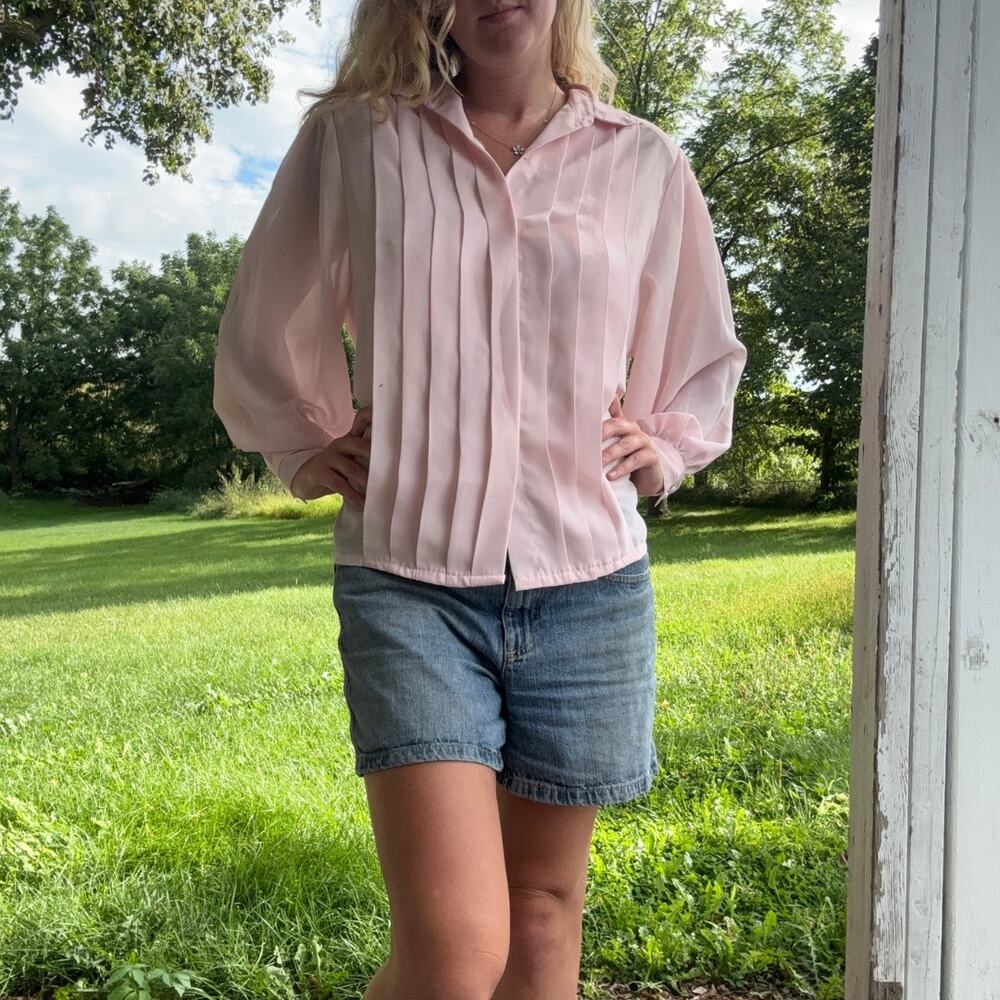 Vintage 80s La Blouse Pastel Pink Pleated Button Down Blouse Size 16 - Picture 2 of 7